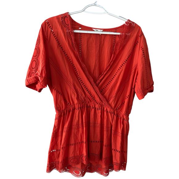 Caslon Tops - Caslon Bright Orange Eyelet detail Peplum Short Sleeve Top Blouse Size Medium